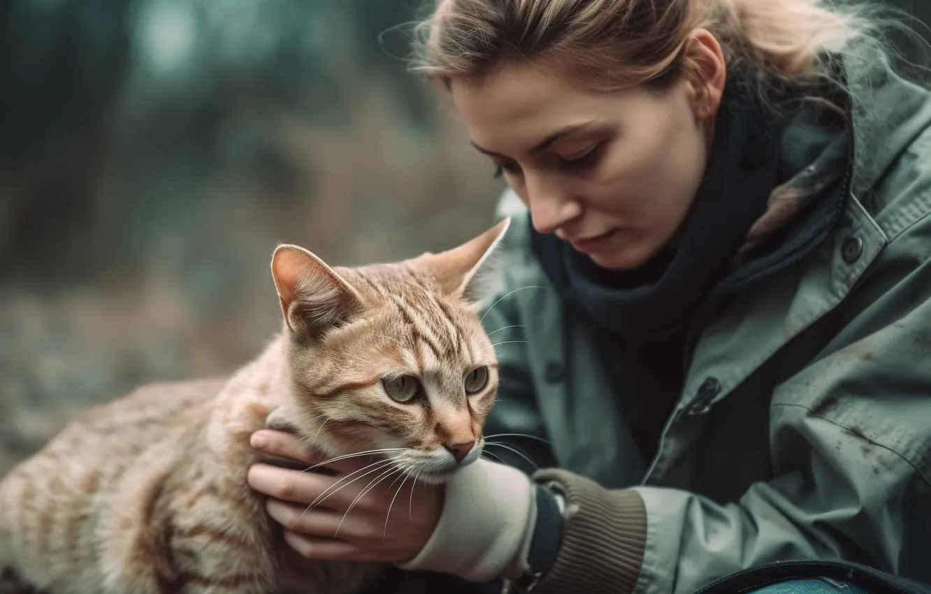 Photo wallpaper autumn, cat, cat, look, girl, nature, pose, portrait