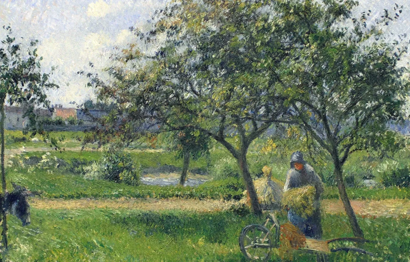 Photo wallpaper trees, landscape, picture, Camille Pissarro, A farmer with a Cart in the Garden