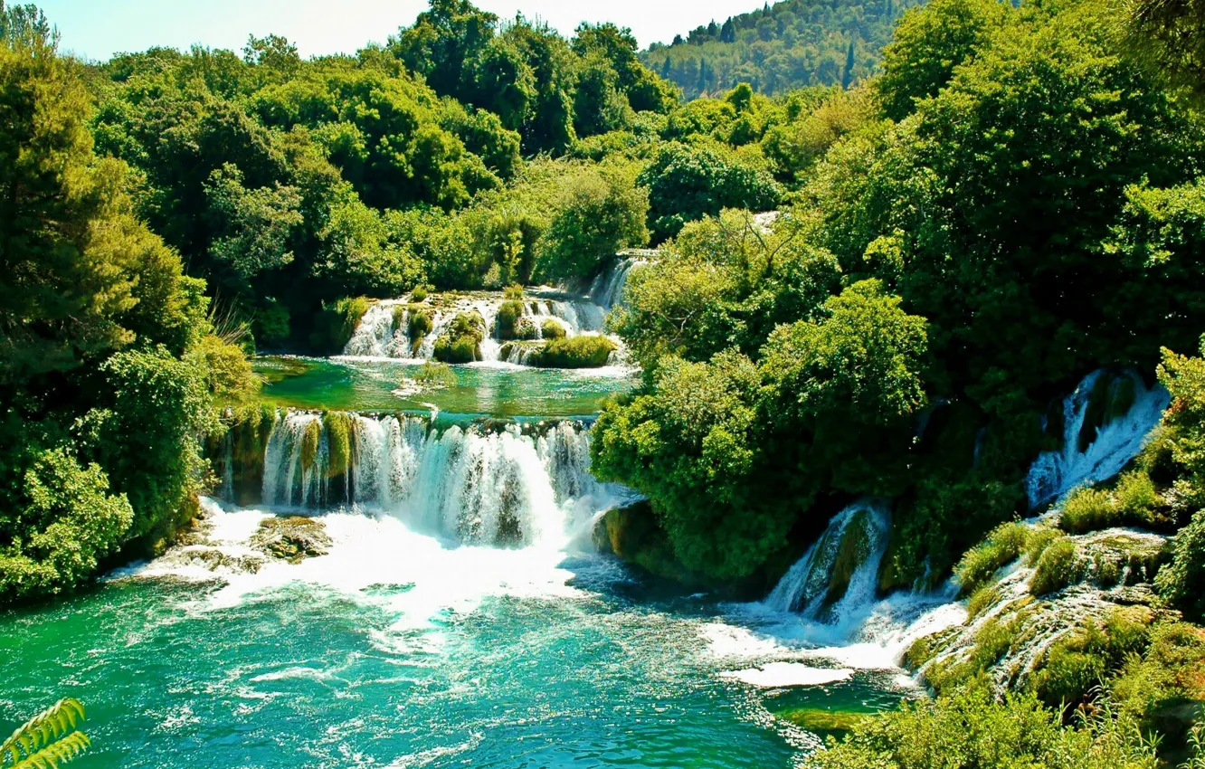 Photo wallpaper greens, trees, waterfall, Sunny, Croatia, Croatia, Krka National Park
