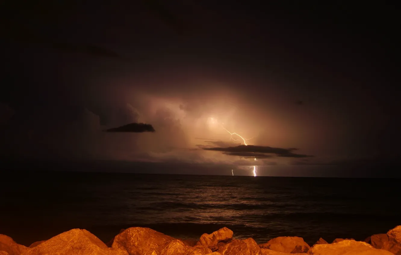 Photo wallpaper sea, night, lightning