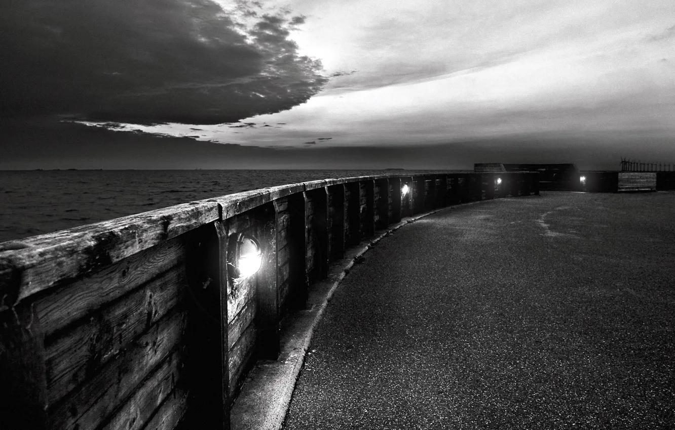 Photo wallpaper clouds, black and white, promenade