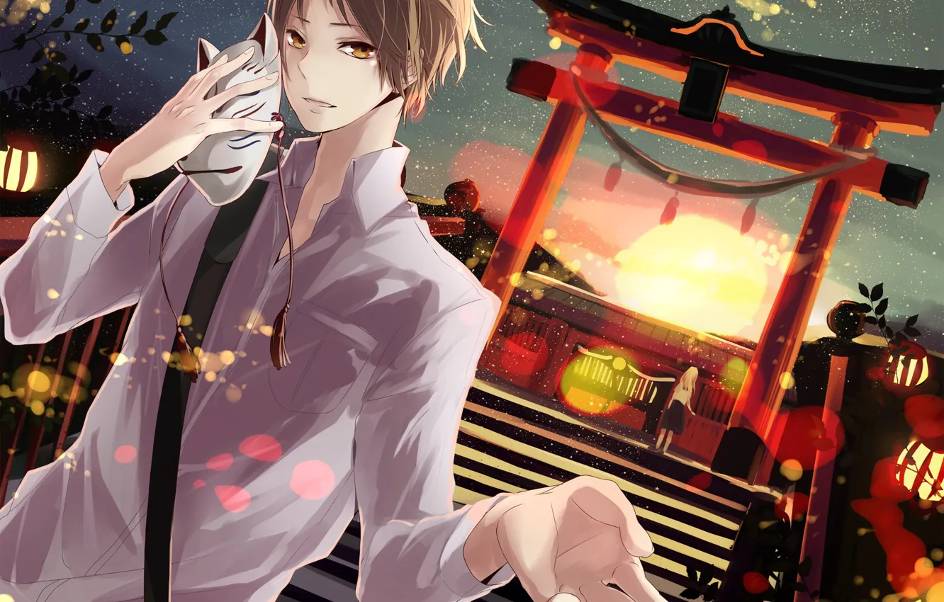 Photo wallpaper night, mask, lights, ladder, guy, starry sky, natsume yuujinchou, The Natsume book of friendship