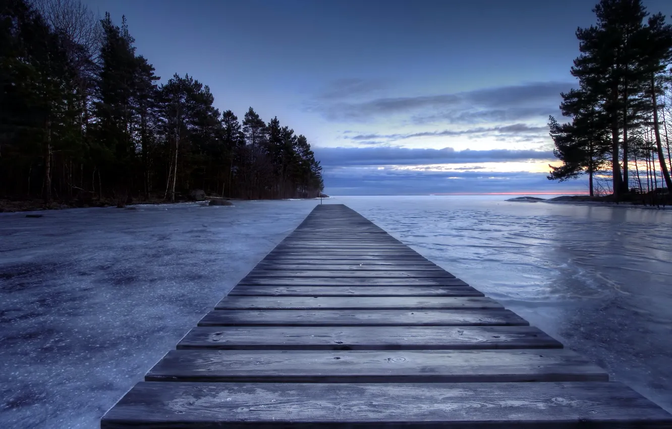 Photo wallpaper landscape, bridge, lake