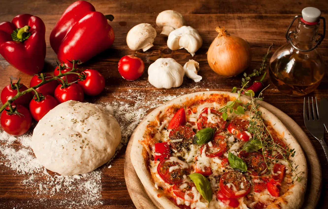 Photo wallpaper mushrooms, oil, cheese, bow, pepper, pizza, tomatoes, pizza
