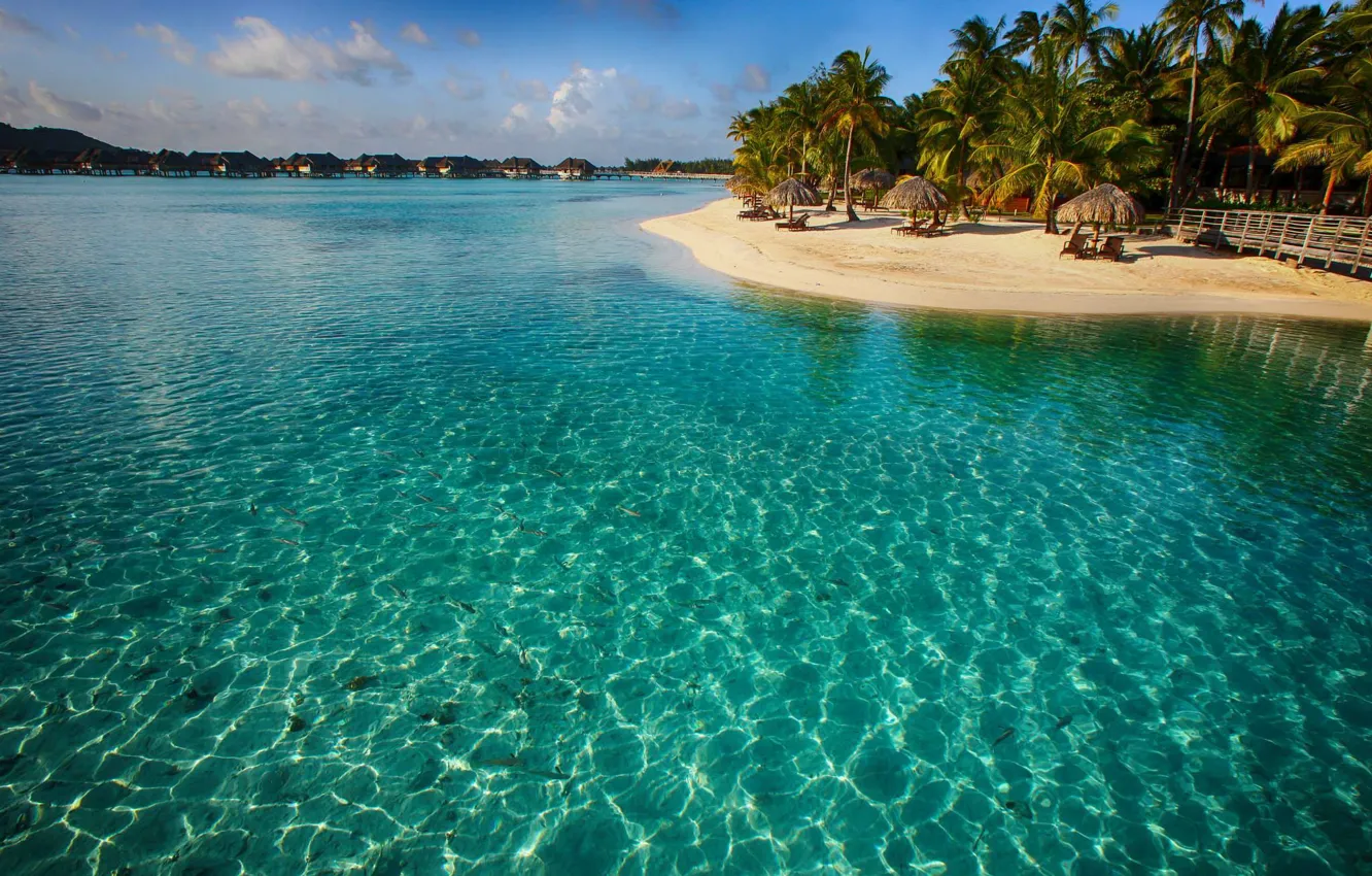 Photo wallpaper beach, the ocean, the hotel, Laguna, Bora-Bora, Blue Lagoon, Luxury resort