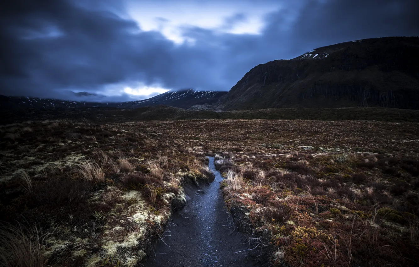 Photo wallpaper field, mountains, stream, storm, gray clouds