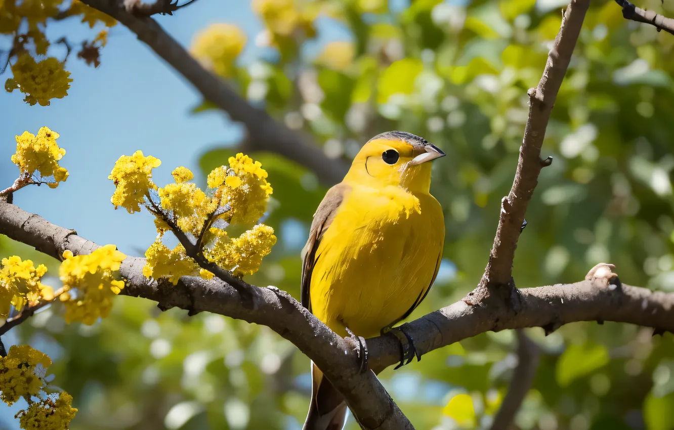 Photo wallpaper leaves, branches, microsemi, bird, flowering, bright color