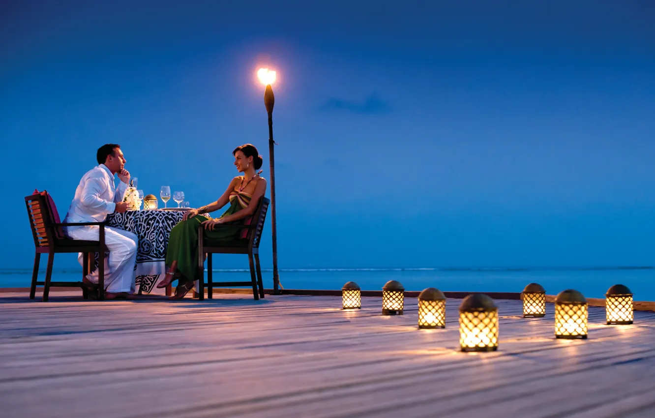 Photo wallpaper the ocean, wine, romance, the evening, lights, pair, two, dinner