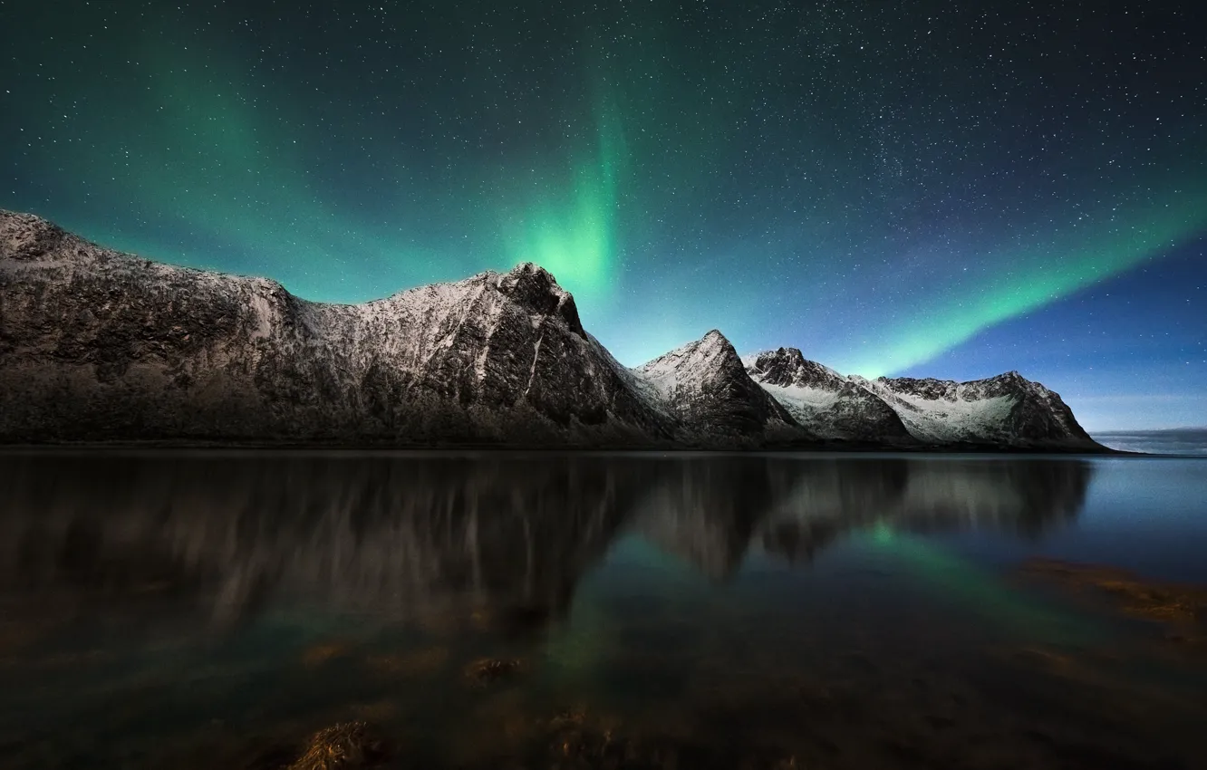 Photo wallpaper the sky, stars, mountains, night, Northern lights, Norway, North