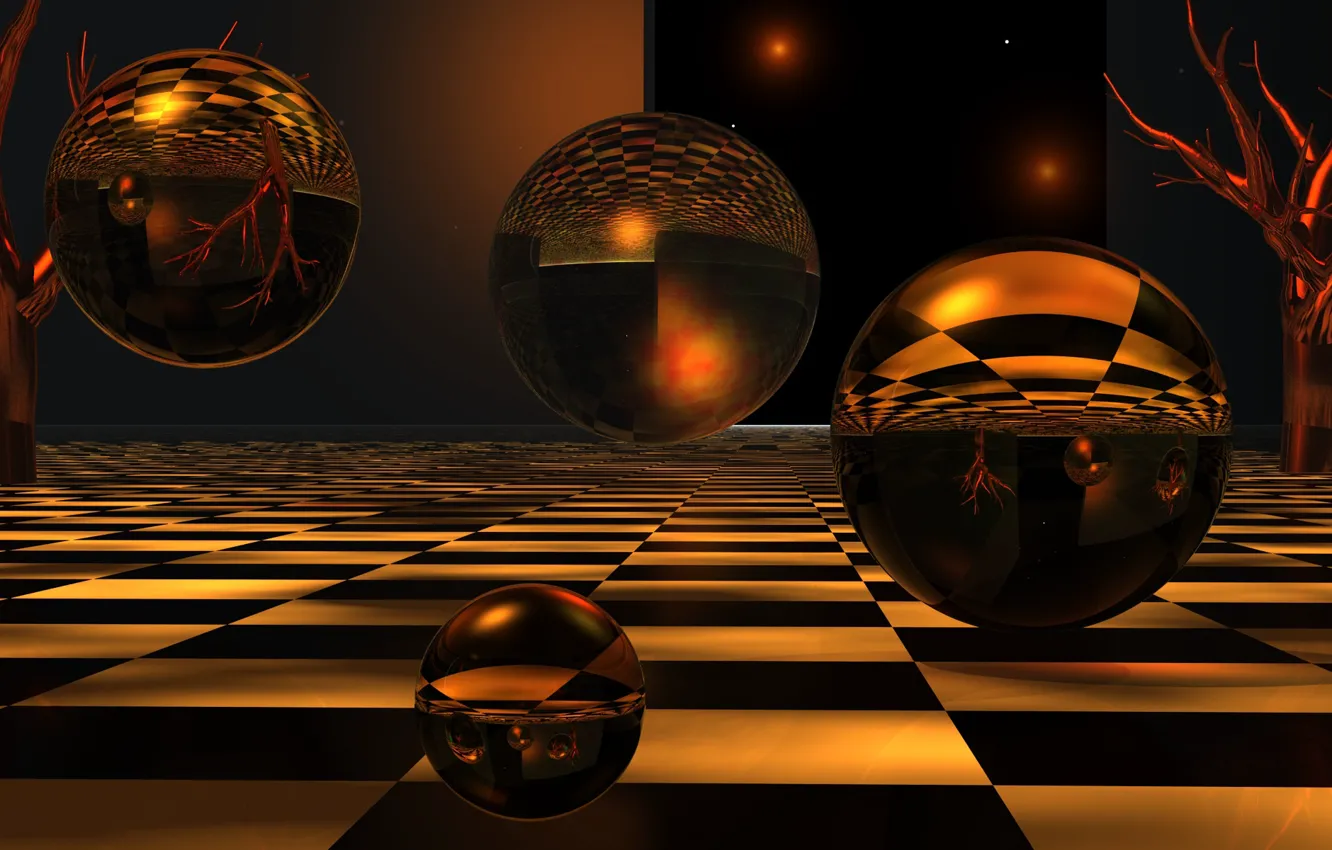 Photo wallpaper reflection, balls, chess Board