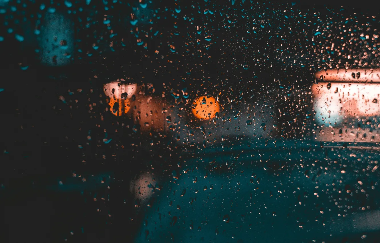 Photo wallpaper glass, drops, lights, rain, bokeh