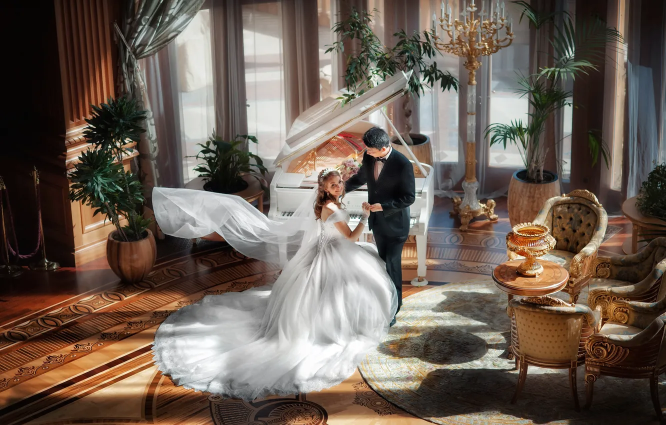 Photo wallpaper girl, male, hall, the bride, the room, wedding, the couple, the groom