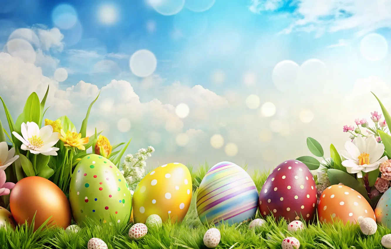 Photo wallpaper flowers, eggs, spring, colorful, Easter, flowers, spring, Easter