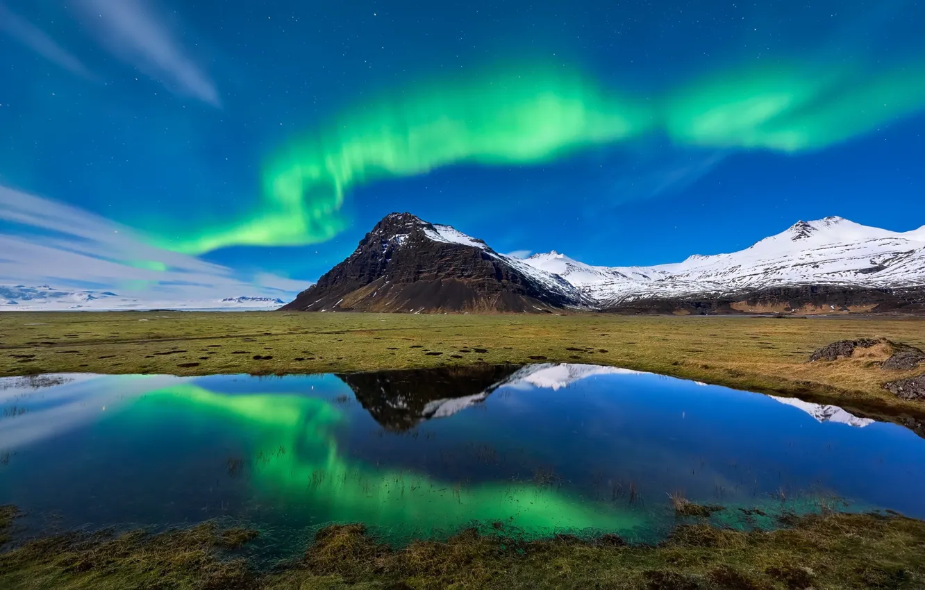 Photo wallpaper grass, water, snow, mountains, reflection, beauty, day, space