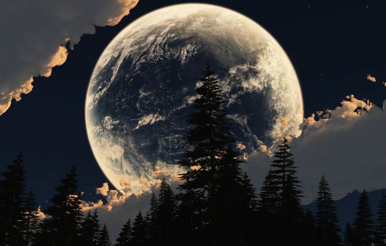 Photo wallpaper the sky, stars, clouds, earth, collage, the moon, planet