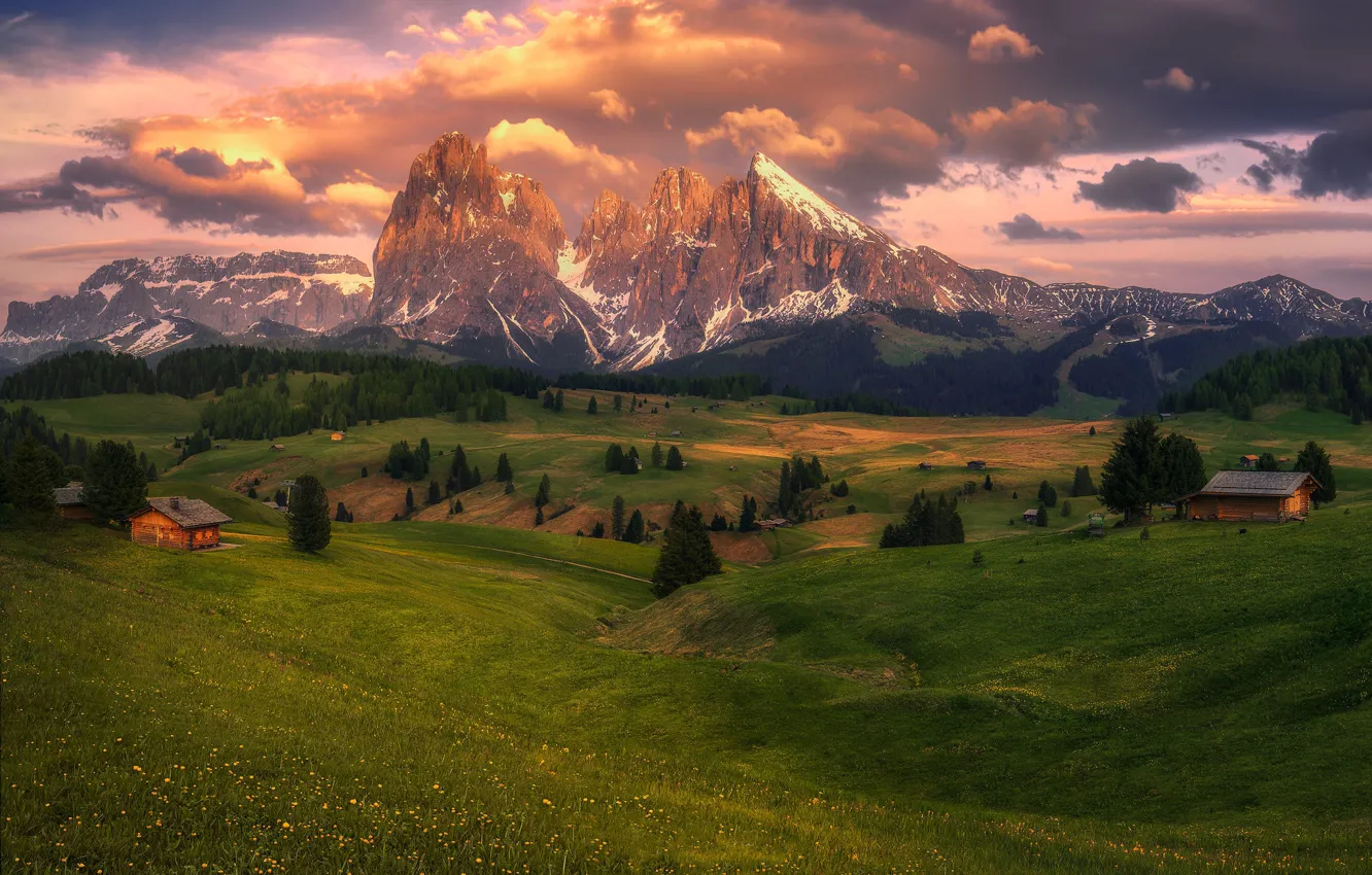 Photo wallpaper mountains, hills, the slopes, Alps, meadow, houses