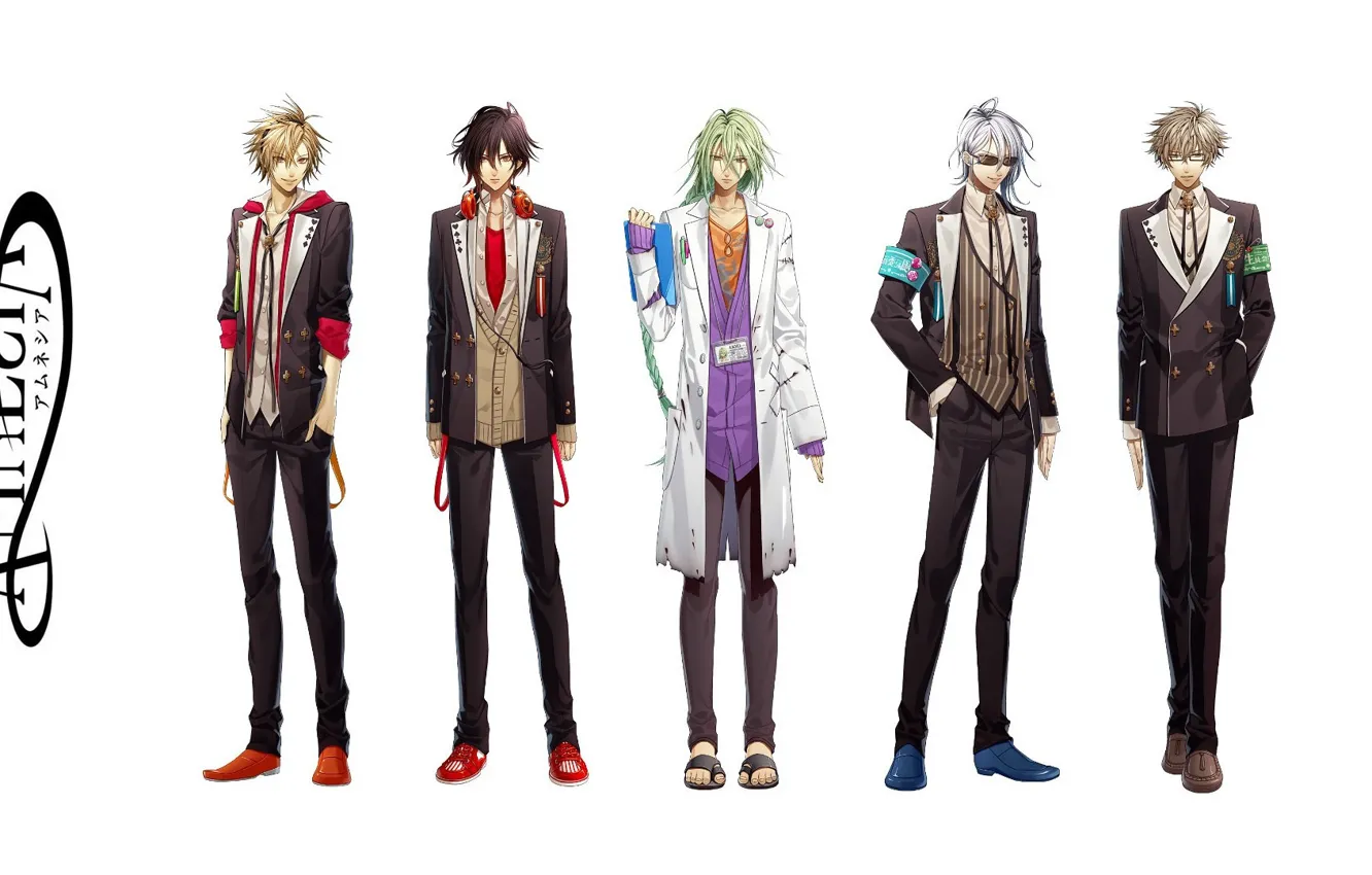 Photo wallpaper glasses, costume, white background, guy, green hair, art, Amnesia, Shin