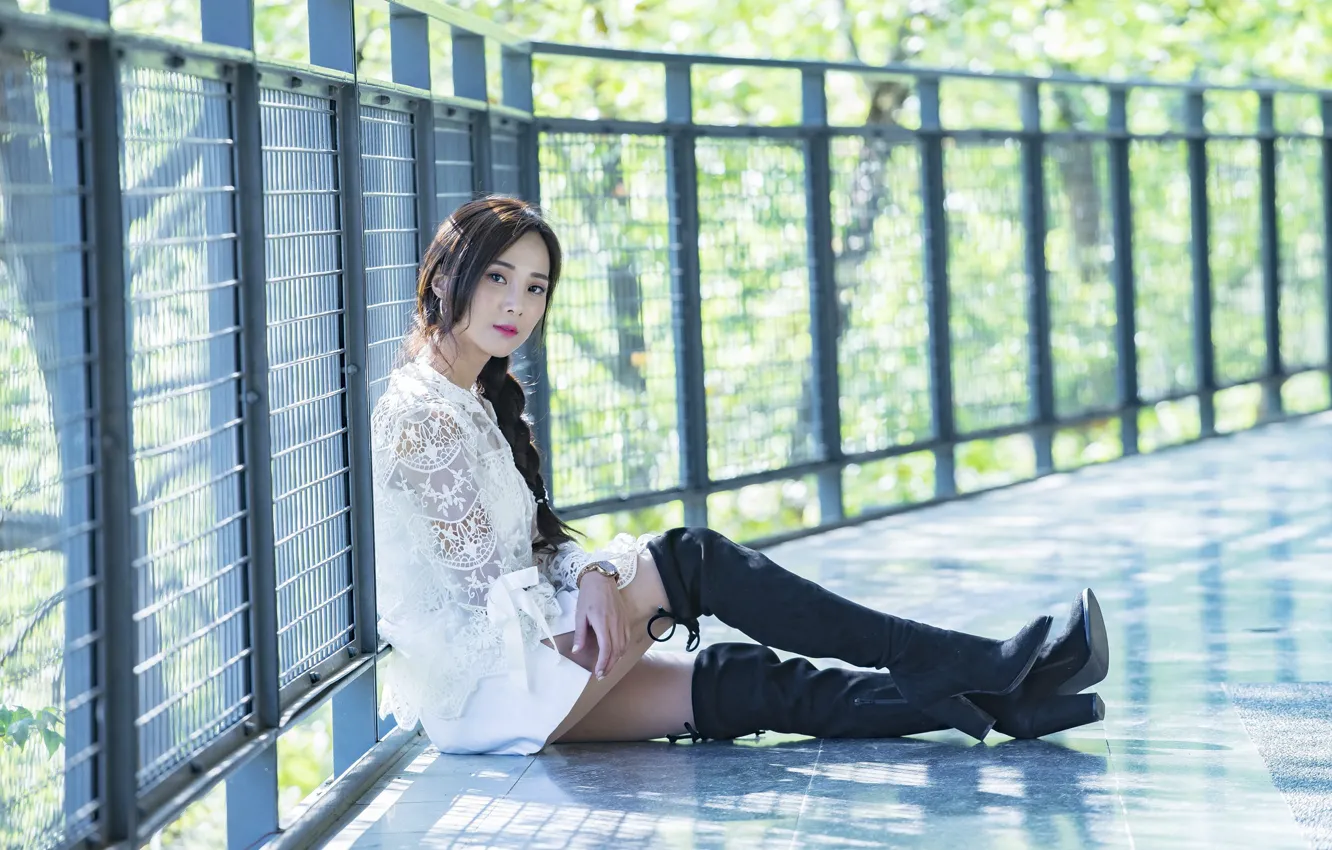 Photo wallpaper cutie, boots, sitting, face, legs, Asian