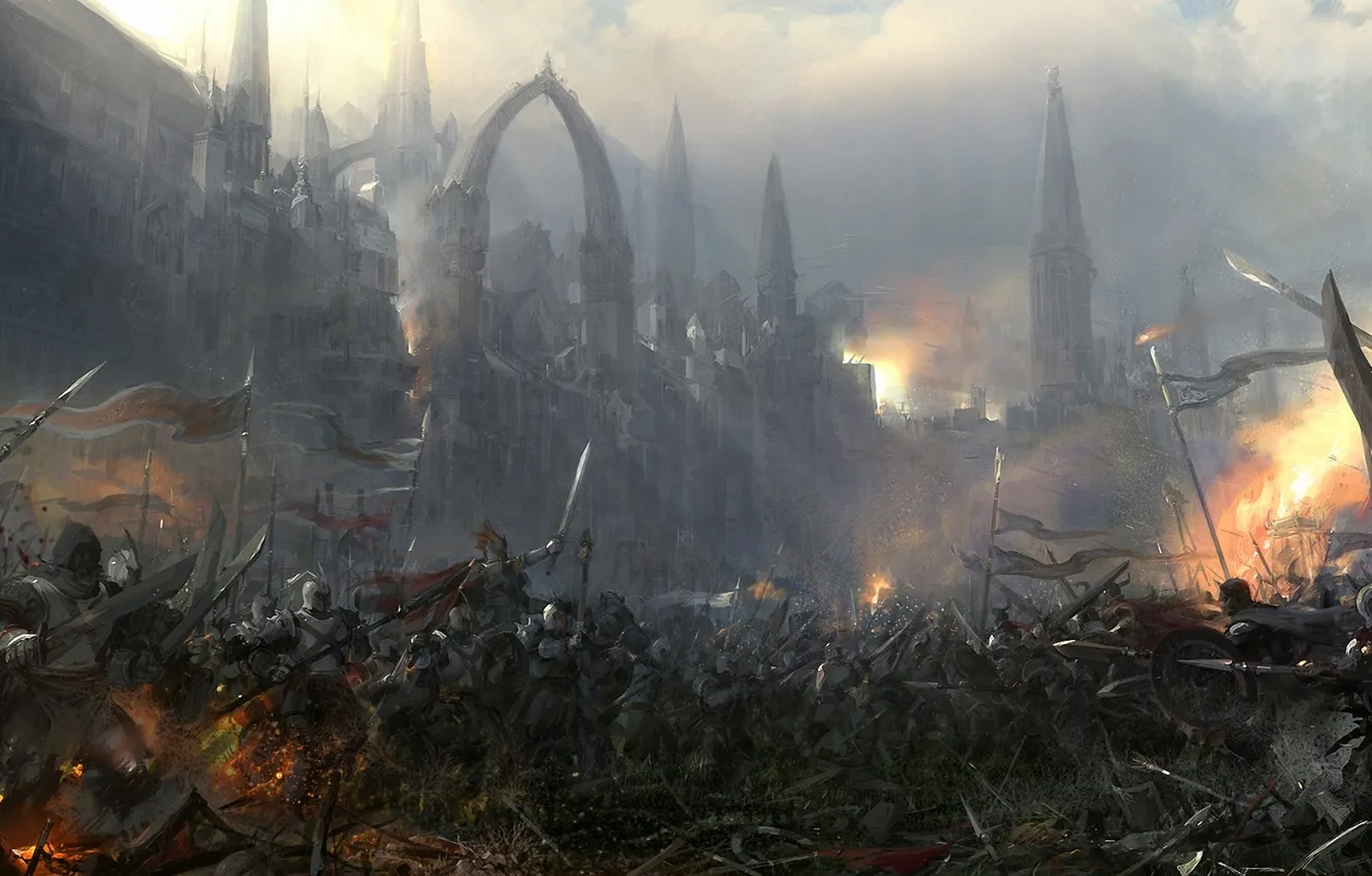 Photo wallpaper castle, sword, warrior, art, battle, banner