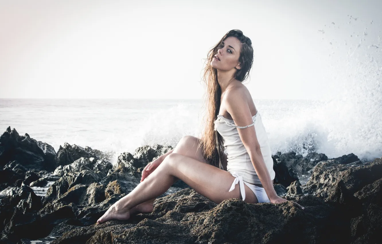Photo wallpaper Girl, Legs, Model, Beach, White, Beauty, View, Sea
