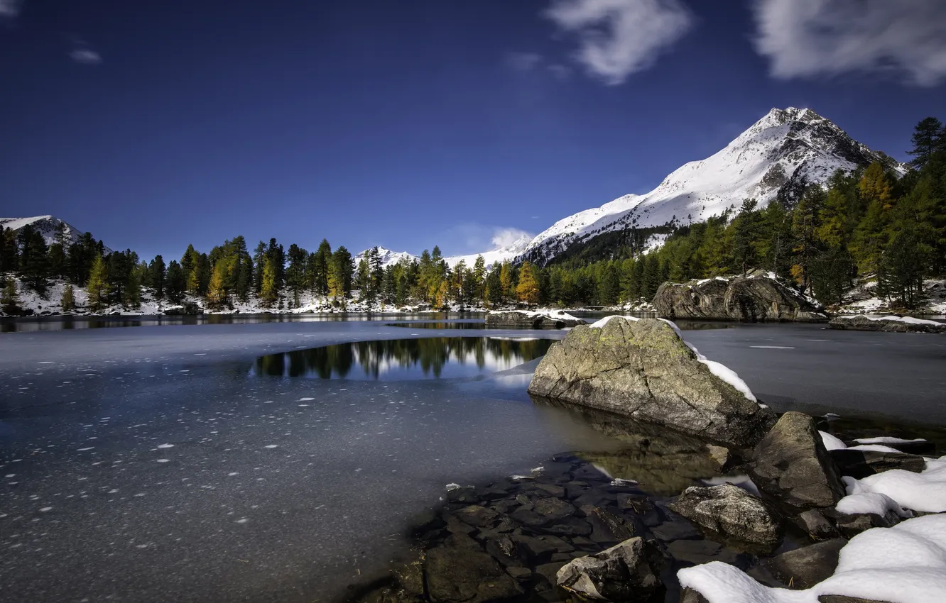 Photo wallpaper autumn, snow, trees, mountains, lake, Switzerland, the Canton of Grisons