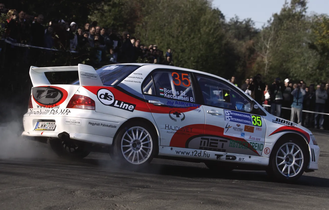 Photo wallpaper race, White, Sport, People, Turn, Mitsubishi, Lancer, WRC