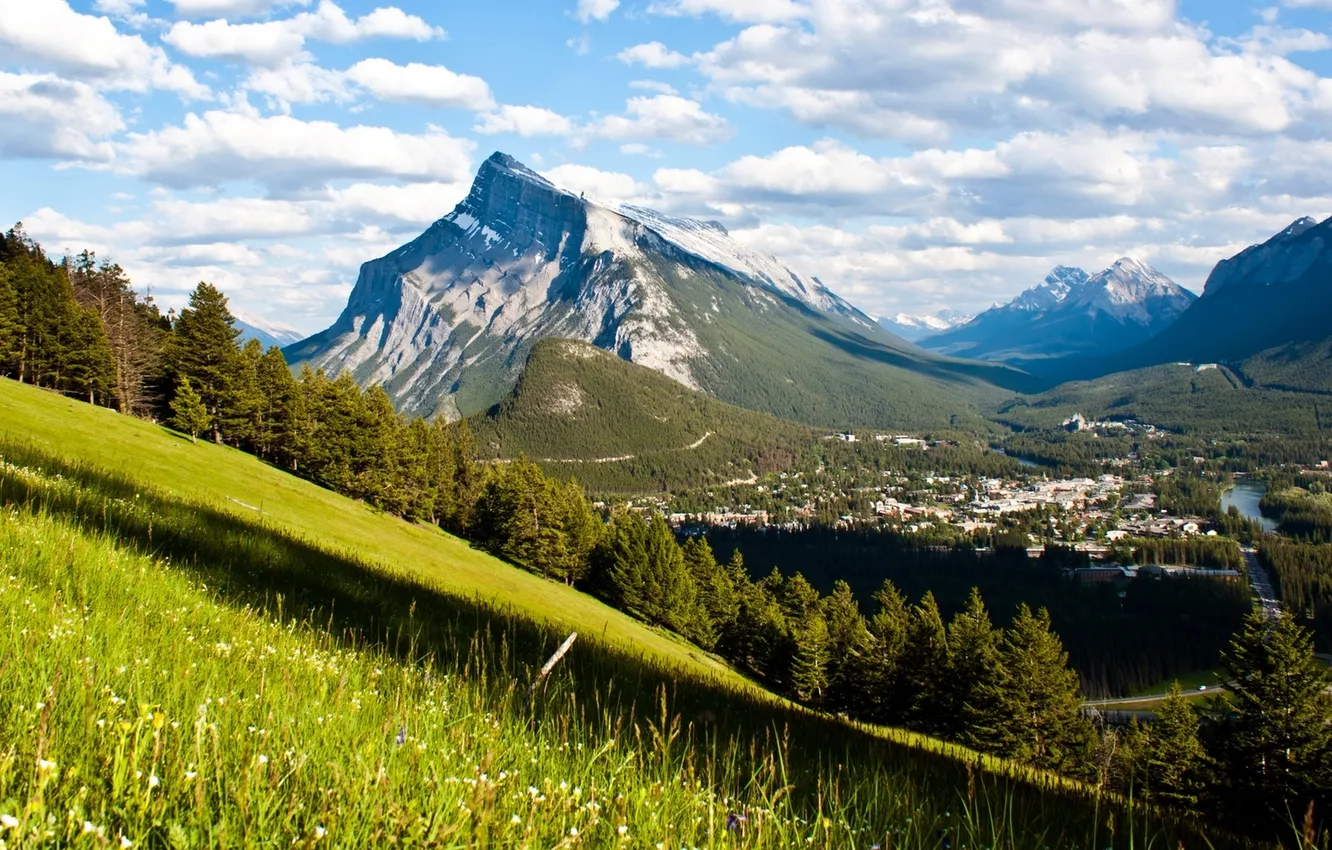 Photo wallpaper city, forest, mountains