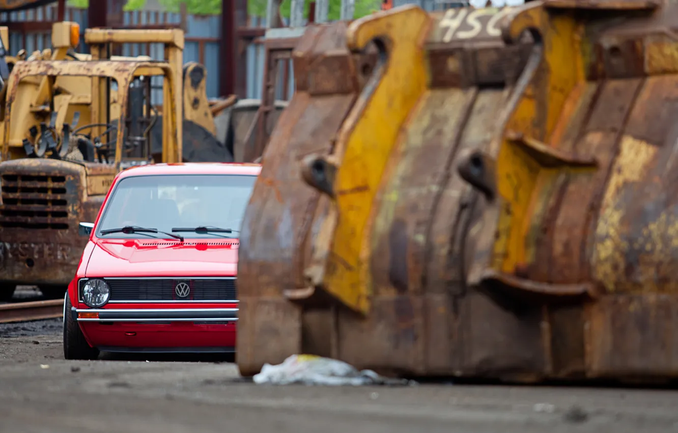 Photo wallpaper construction, Volkswagen, Golf, bulldozer, excavator, golf, Volkswagen