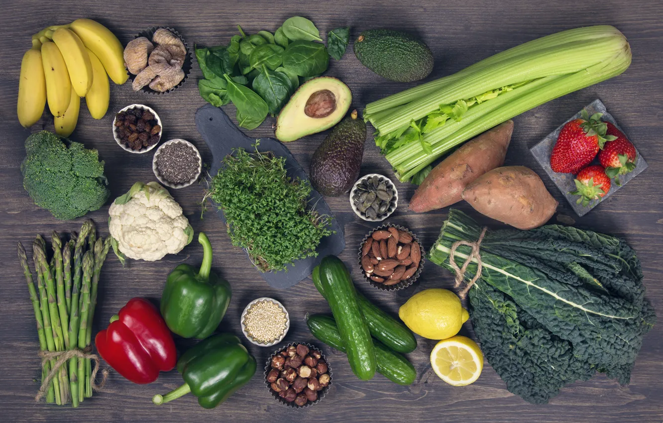 Photo wallpaper lemon, strawberry, pepper, vegetables, cabbage, cucumbers, avocado, figs