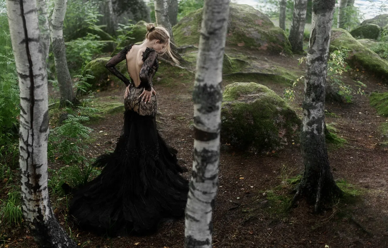 Photo wallpaper forest, nature, stones, moss, dress, blonde