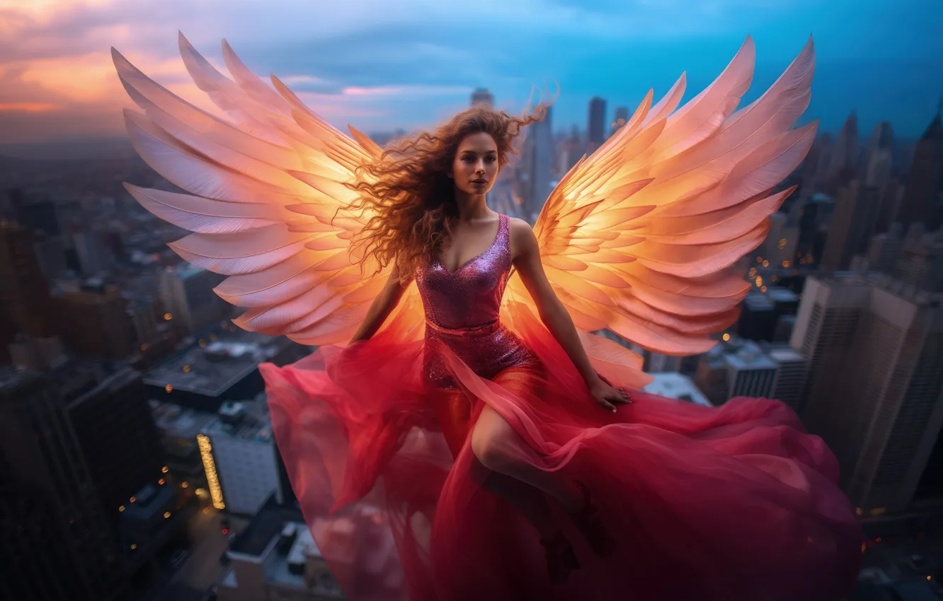 Photo wallpaper girl, hair, home, wings, angel, dress, digital art, AI art