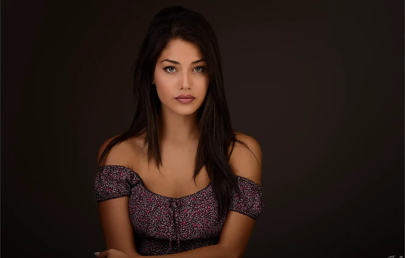 Photo wallpaper look, girl, hair, portrait, dress, brunette, beauty, sitting