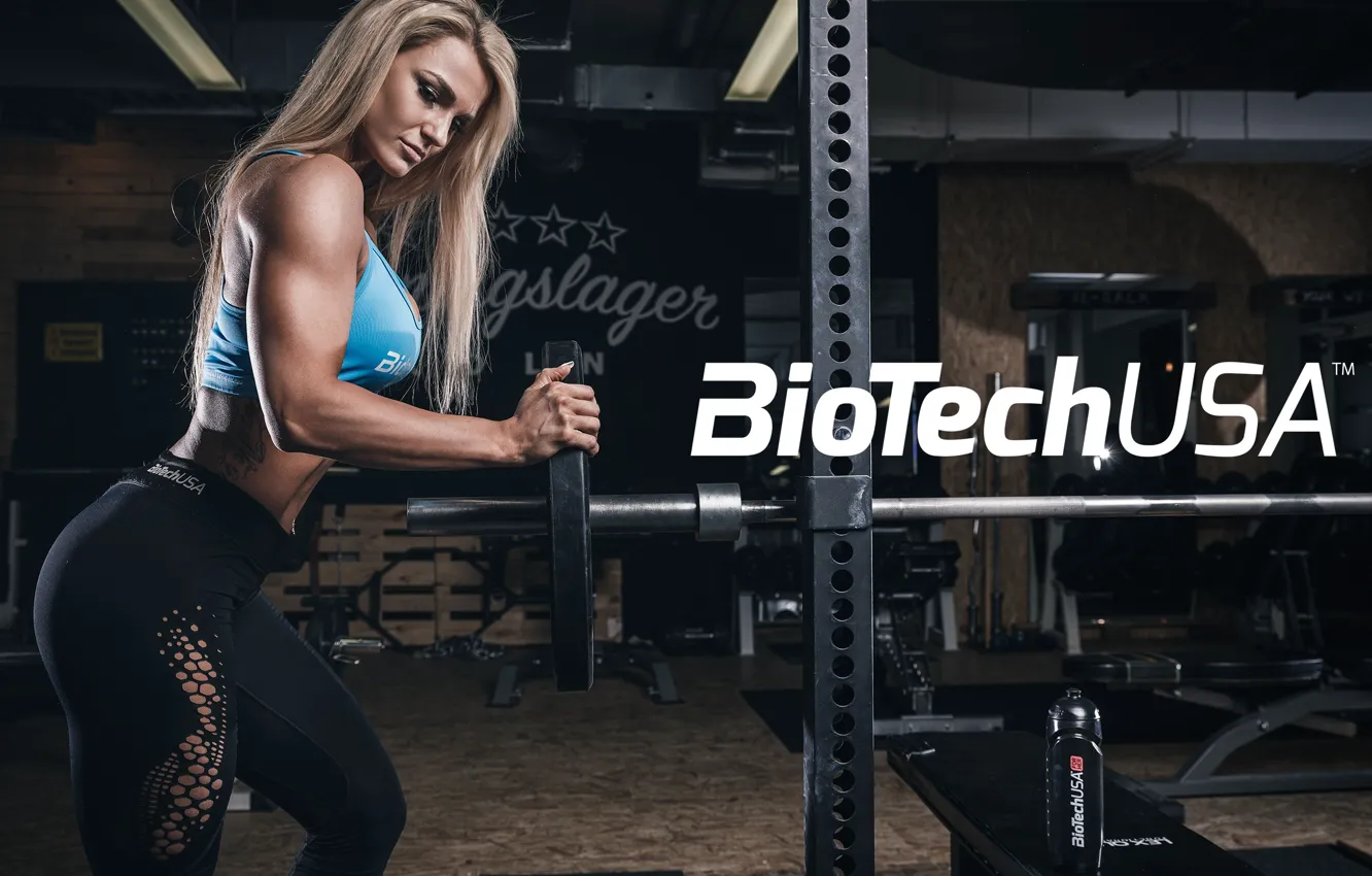 Photo wallpaper girl, model, blonde, pose, fitness, gym