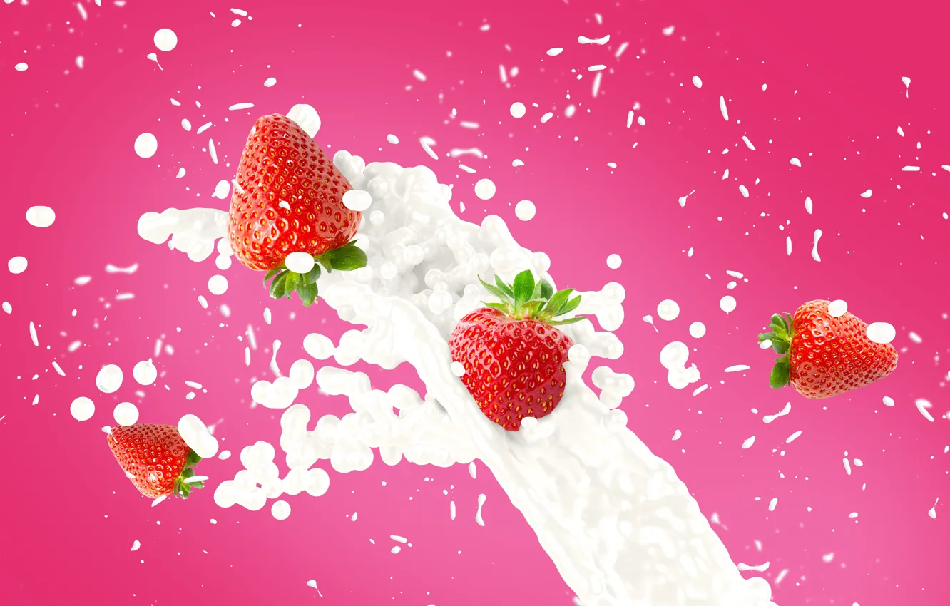 Photo wallpaper squirt, berries, milk, strawberry, splash.