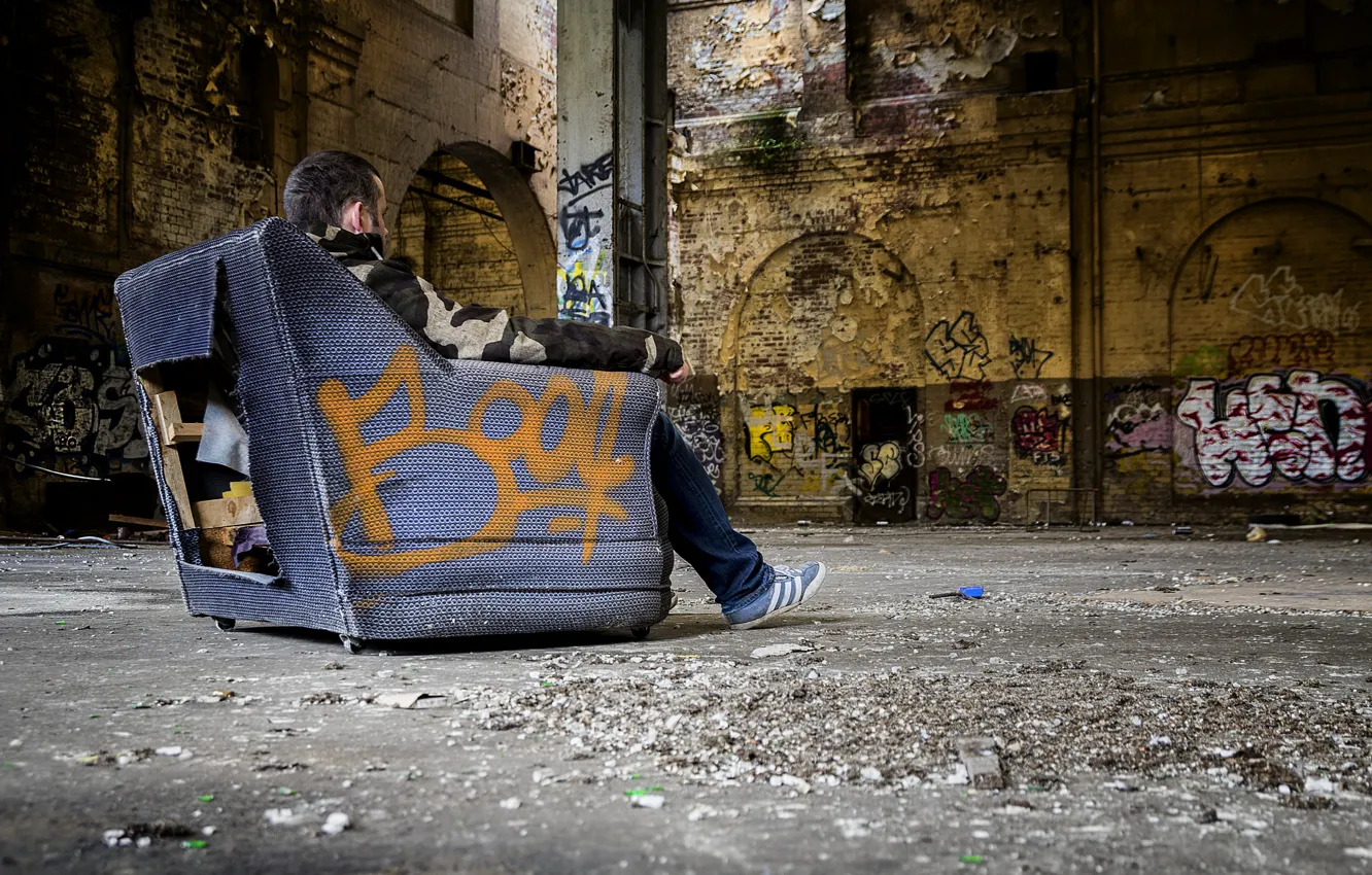Photo wallpaper garbage, graffiti, chair, dirt, hangar, devastation, male, mucus