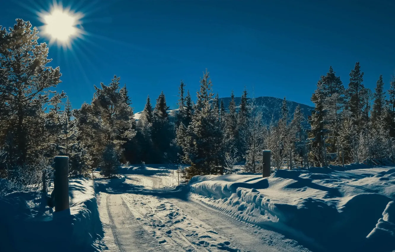 Photo wallpaper the sky, the sun, snow