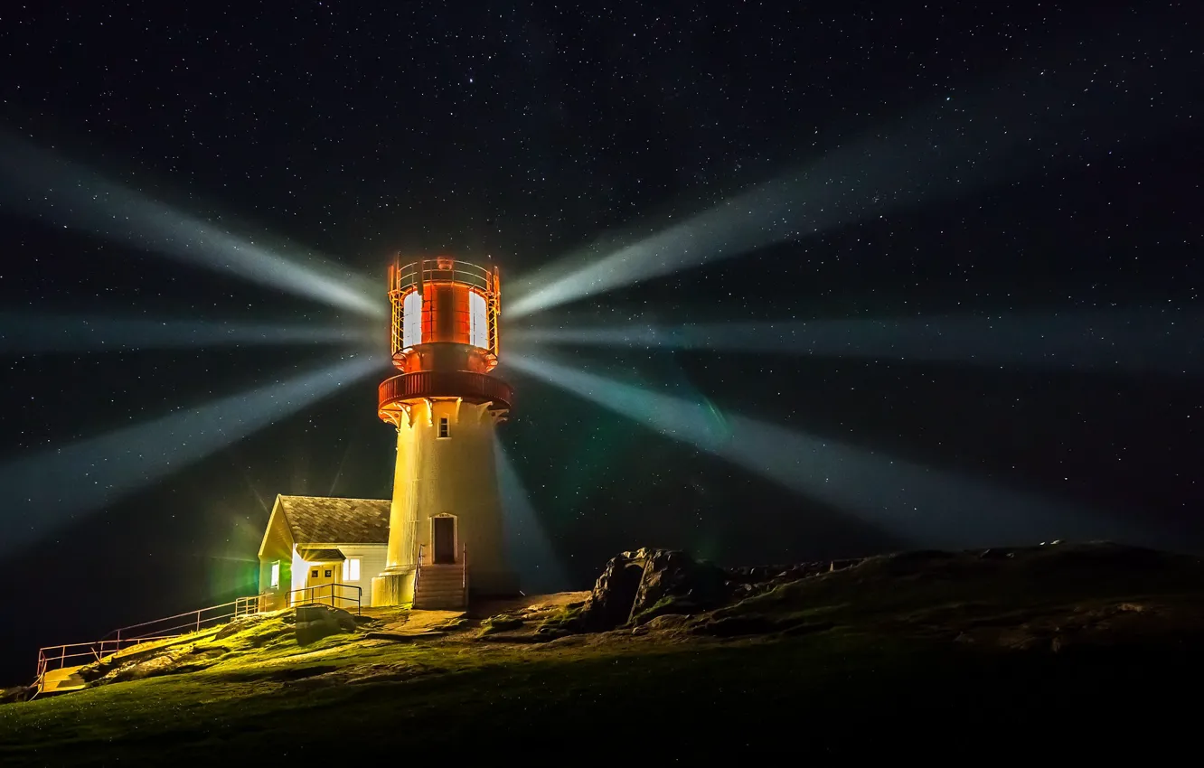 Photo wallpaper the sky, stars, rays, light, landscape, night, lighthouse, home