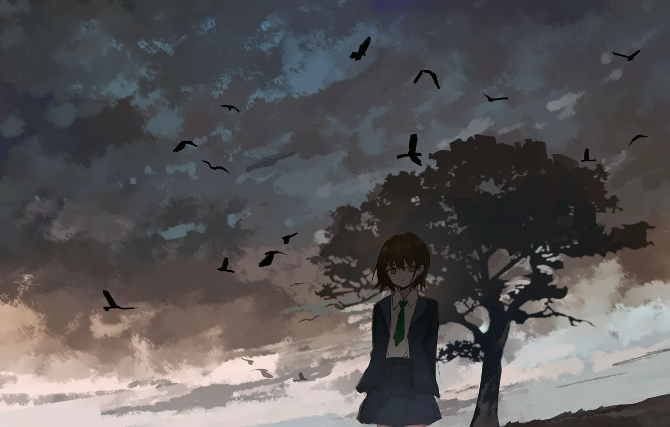 Photo wallpaper loneliness, schoolgirl, lonely tree, the gray sky, cloudy weather, dark place, black crows, by Axle