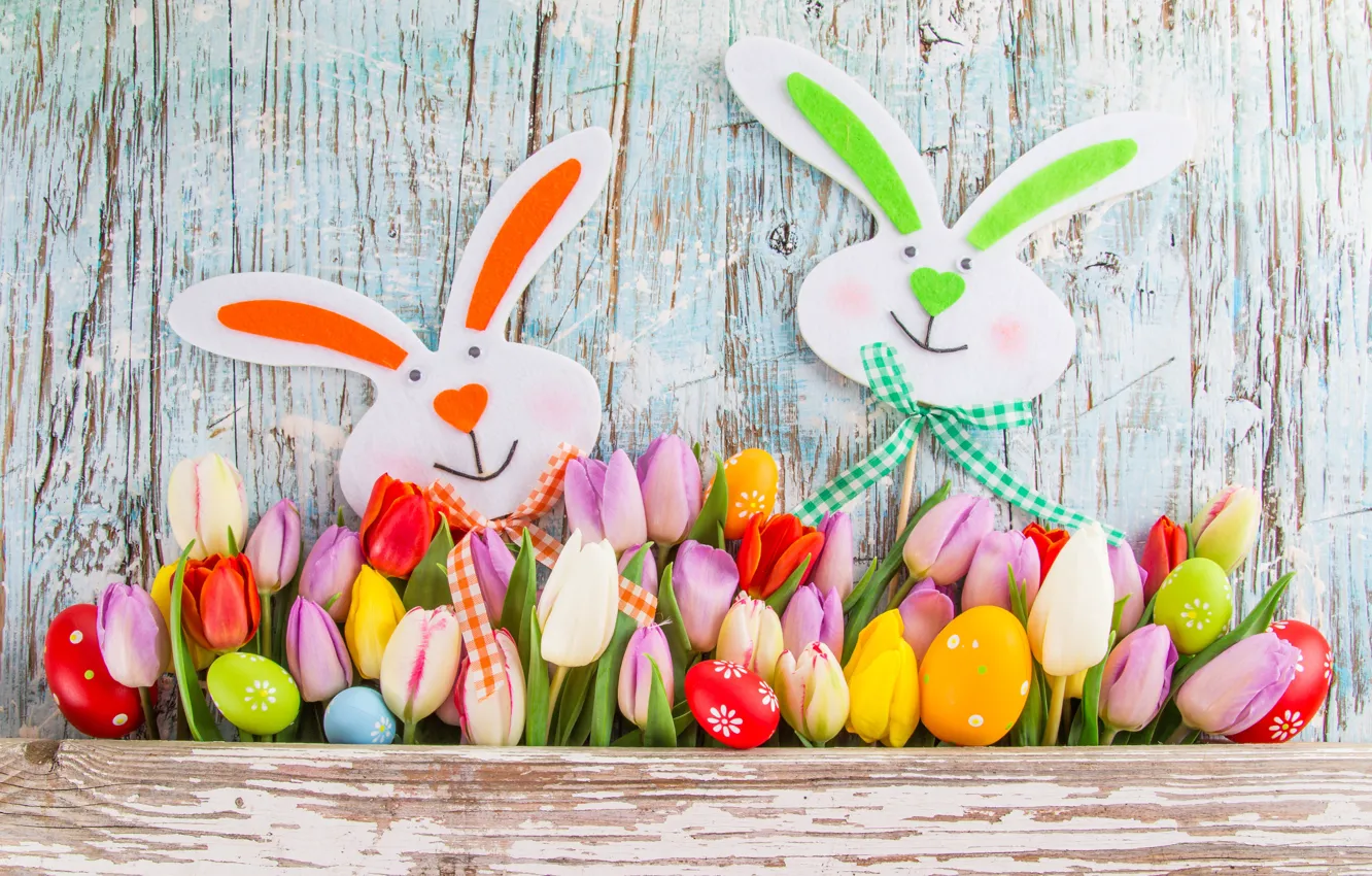 Photo wallpaper flowers, eggs, Easter, tulips, bows, bunnies