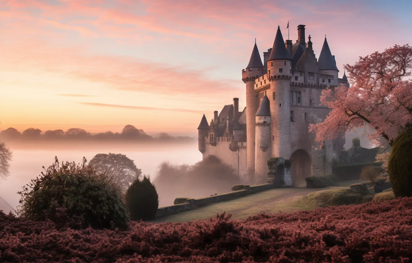 Photo wallpaper landscape, castle, spring, architecture, landscape, pink, blossom, beautiful