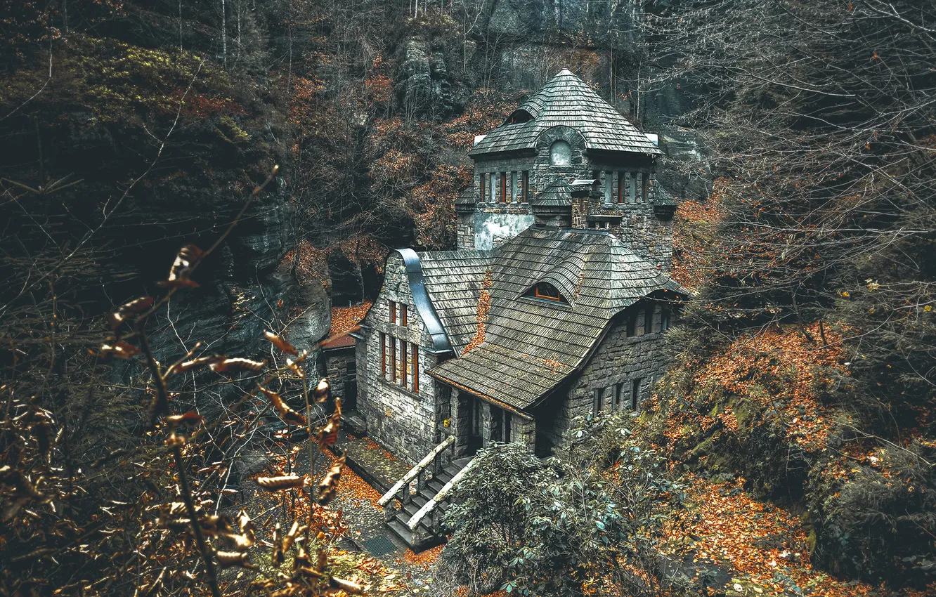 Photo wallpaper autumn, forest, nature, rocks, home, house, forest, architecture