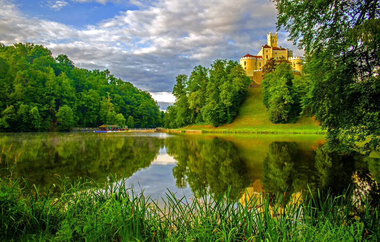 Photo wallpaper grass, trees, landscape, nature, lake, reflection, castle, hills