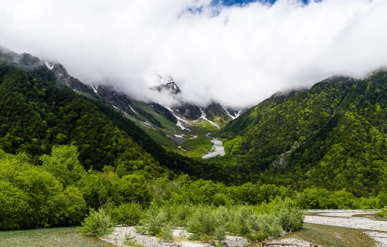 Photo wallpaper clouds, trees, mountains, stream, stones, valley, the bushes