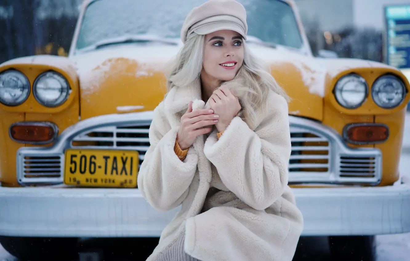 Photo wallpaper winter, machine, girl, snow, smile, blonde, taxi, Olga