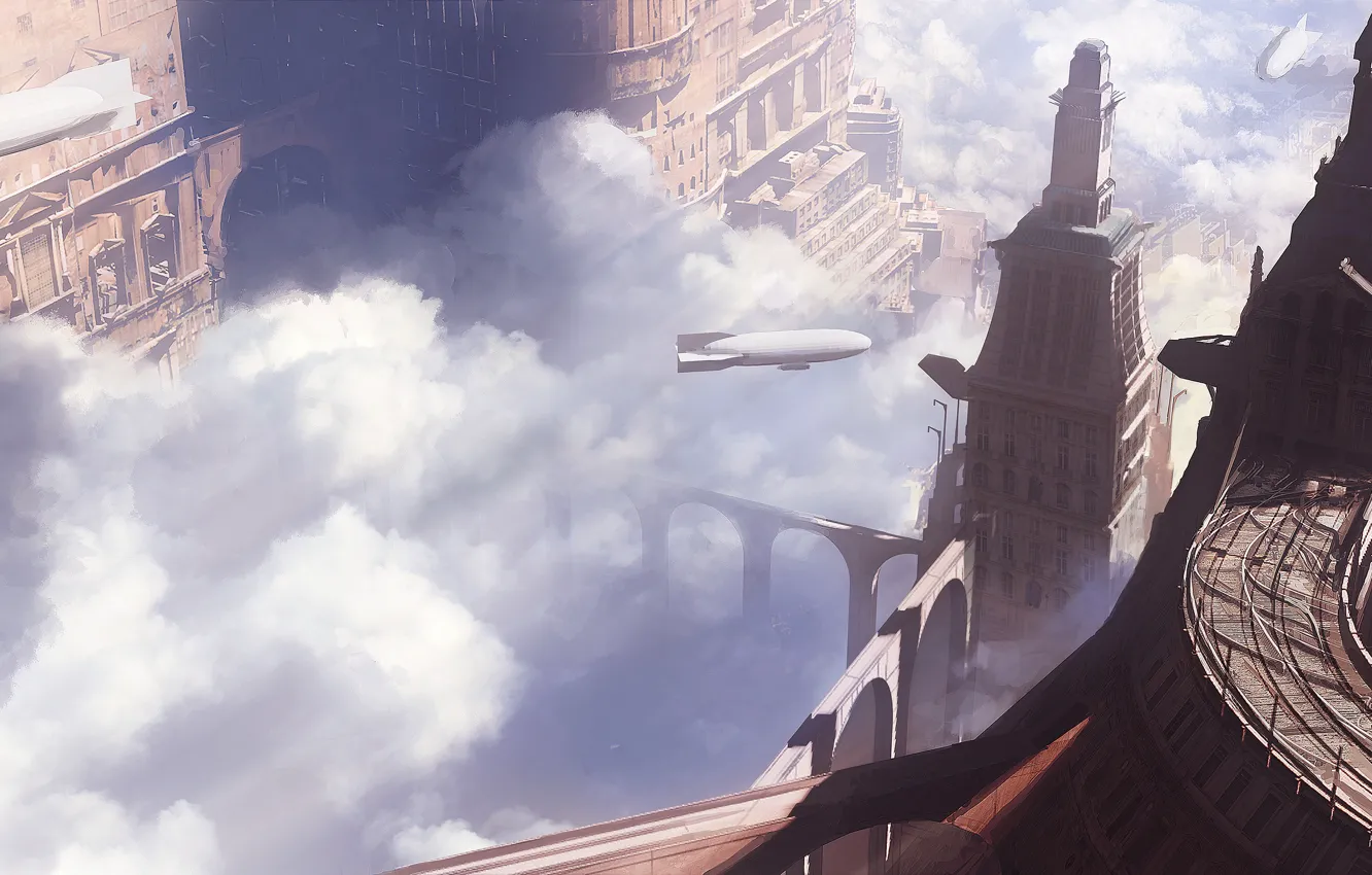 Photo wallpaper city, fantasy, airship, aircraft, clouds, steampunk, digital art, buildings