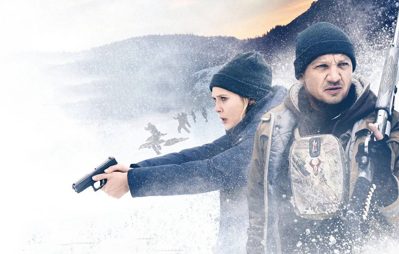 Photo wallpaper winter, snow, weapons, caps, detective, poster, crime, Jeremy Renner