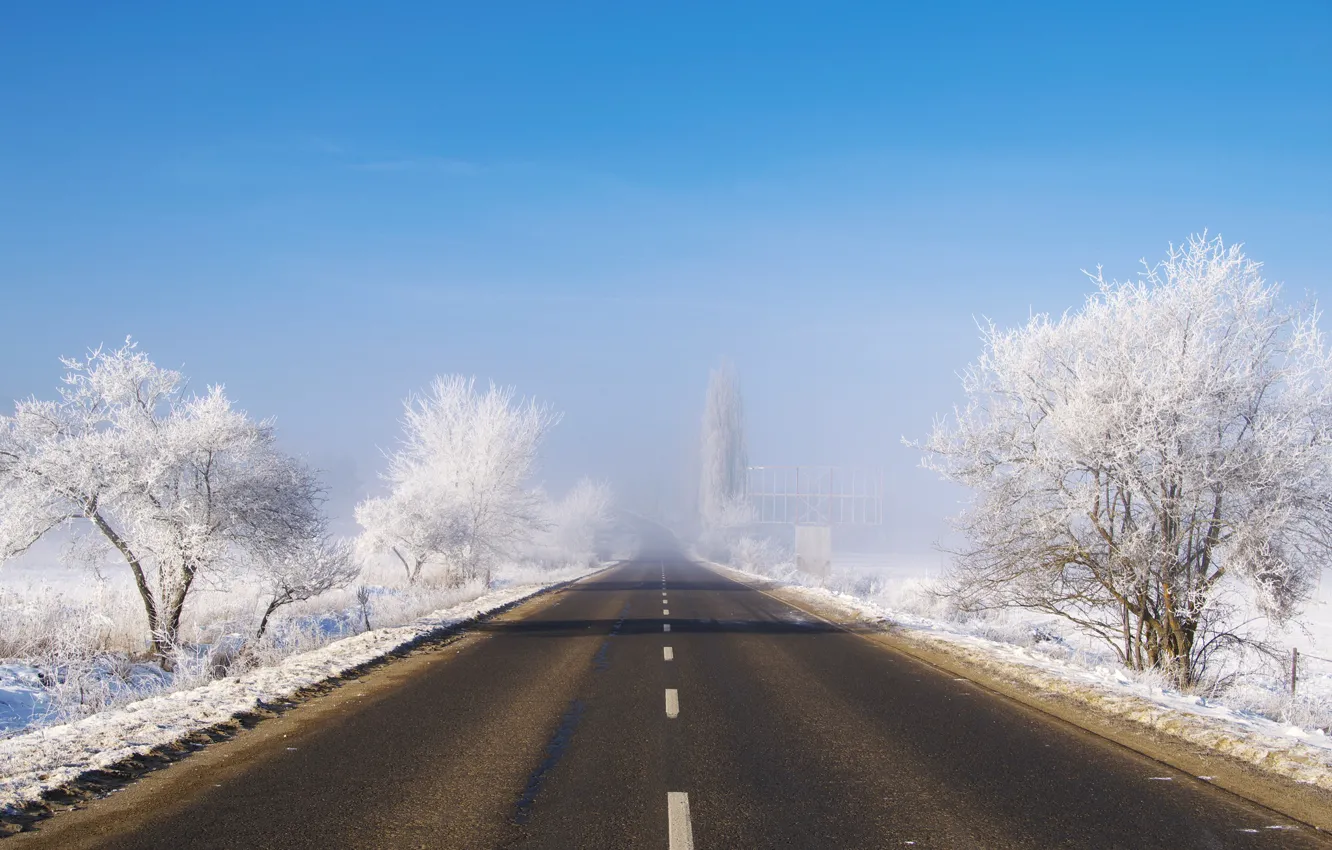Photo wallpaper winter, road, fog