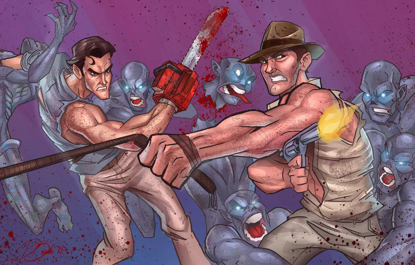 Photo wallpaper zombies, ash, crossover, Harrison Ford, Indiana Jones, Bruce Campbell, Ash Williams, evil dead