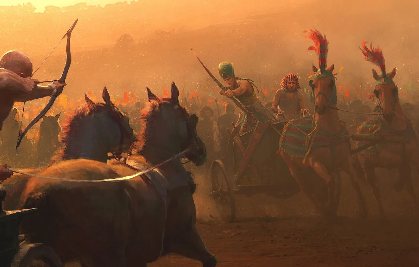 Photo wallpaper weapons, horses, chariot, army, bow, art, Pharaoh, battle