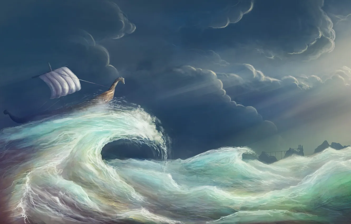 Photo wallpaper clouds, storm, wave, ship, art